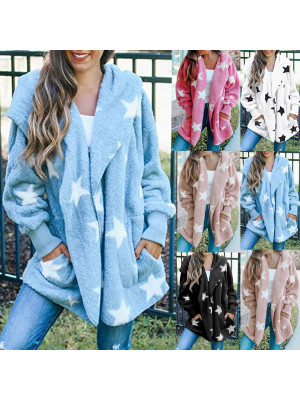 Women's Star Patter Plush Cardigan Long Sleeves Pocket Hooded Jacket Sweater