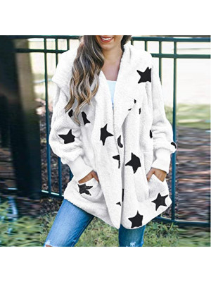 Women's Star Patter Plush Cardigan Long Sleeves Pocket Hooded Jacket Sweater