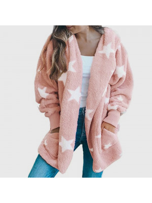 Women's Star Patter Plush Cardigan Long Sleeves Pocket Hooded Jacket Sweater