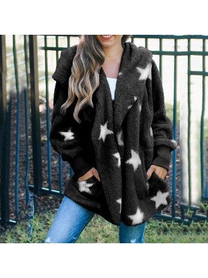 Women's Star Patter Plush Cardigan Long Sleeves Pocket Hooded Jacket Sweater