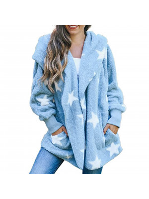 Women's Star Patter Plush Cardigan Long Sleeves Pocket Hooded Jacket Sweater