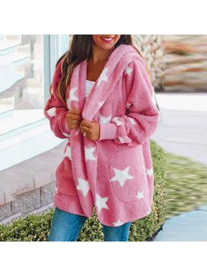 Women's Star Patter Plush Cardigan Long Sleeves Pocket Hooded Jacket Sweater