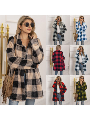 Womens Winter Top Loose Ladies Long-sleeve Lattice printing Jacket Plush Coat