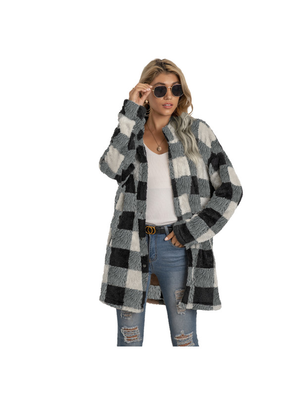 Womens Winter Top Loose Ladies Long-sleeve Lattice printing Jacket Plush Coat