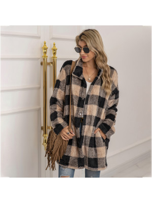 Womens Winter Top Loose Ladies Long-sleeve Lattice printing Jacket Plush Coat