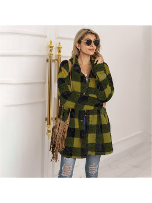 Womens Winter Top Loose Ladies Long-sleeve Lattice printing Jacket Plush Coat