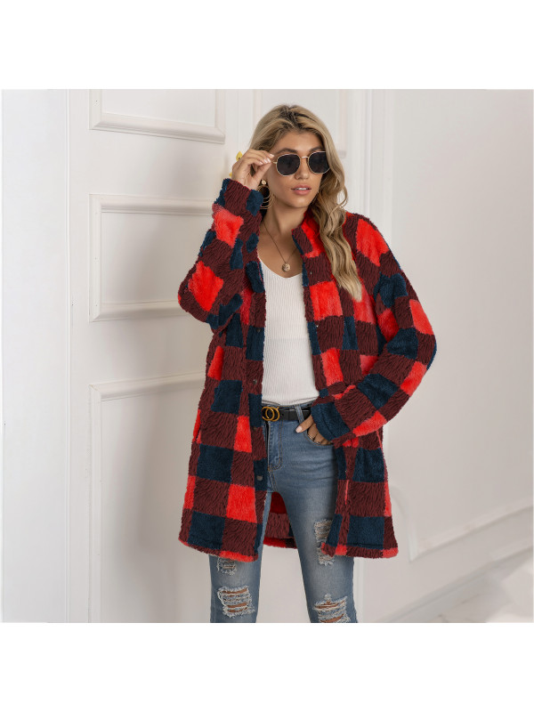 Womens Winter Top Loose Ladies Long-sleeve Lattice printing Jacket Plush Coat