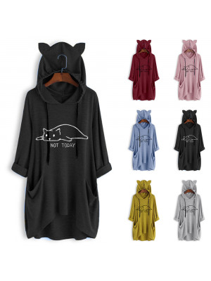 Womens Baggy Hooded Ladies Knit Printed 3/4 sleeves Sweatshirt Dress Oversize