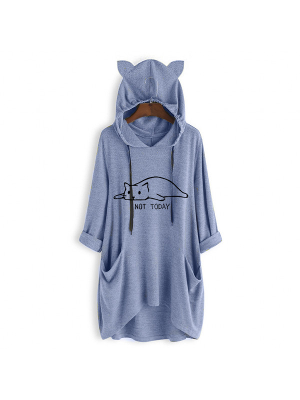 Womens Baggy Hooded Ladies Knit Printed 3/4 sleeves Sweatshirt Dress Oversize