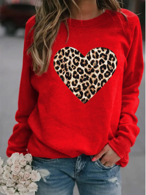 Womens Leopard Love Print Ladies Long Sleeve Casual Loose Tops T-Shirt Blouse