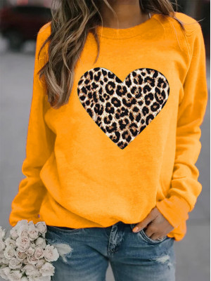 Womens Leopard Love Print Ladies Long Sleeve Casual Loose Tops T-Shirt Blouse