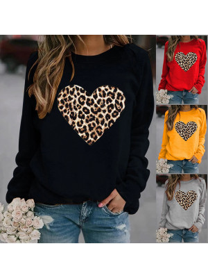 Womens Leopard Love Print Ladies Long Sleeve Casual Loose Tops T-Shirt Blouse