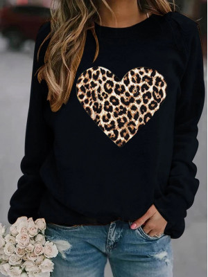 Womens Leopard Love Print Ladies Long Sleeve Casual Loose Tops T-Shirt Blouse