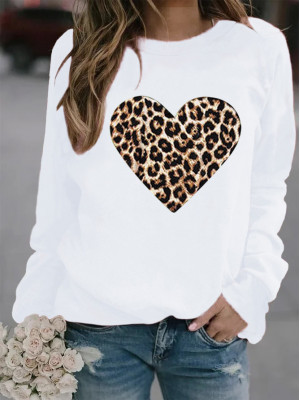 Womens Leopard Love Print Ladies Long Sleeve Casual Loose Tops T-Shirt Blouse