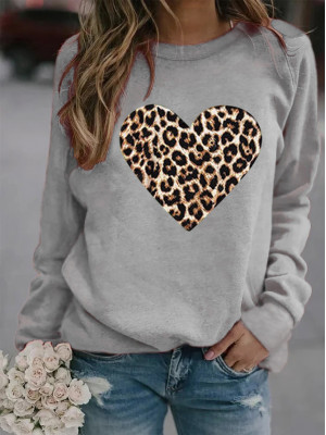 Womens Leopard Love Print Ladies Long Sleeve Casual Loose Tops T-Shirt Blouse