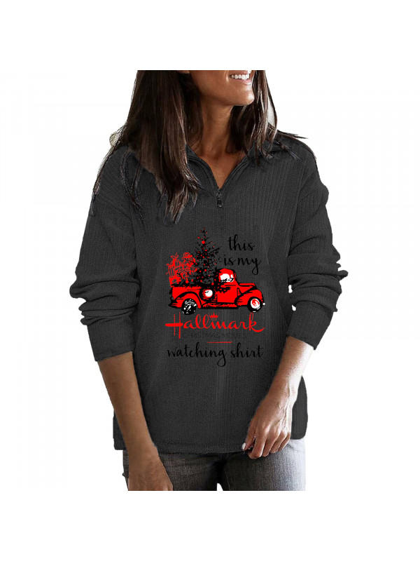 Womens Christmas Truck Print Ladies Long Sleeve V Neck zipper Blouse Loose Tops