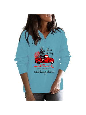 Womens Christmas Truck Print Ladies Long Sleeve V Neck zipper Blouse Loose Tops