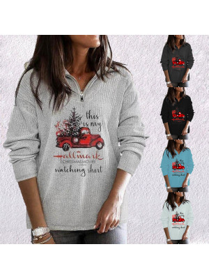 Womens Christmas Truck Print Ladies Long Sleeve V Neck zipper Blouse Loose Tops