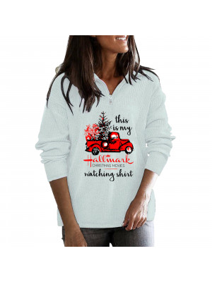 Womens Christmas Truck Print Ladies Long Sleeve V Neck zipper Blouse Loose Tops