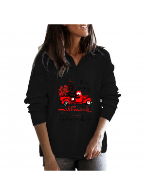 Womens Christmas Truck Print Ladies Long Sleeve V Neck zipper Blouse Loose Tops