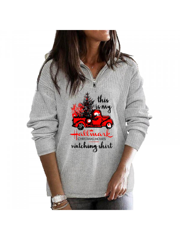 Womens Christmas Truck Print Ladies Long Sleeve V Neck zipper Blouse Loose Tops