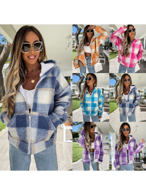 Womens Check Fleece Casual Hooded Jacket Shacket Top Shirt Coat Oversize Baggy