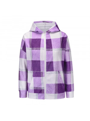 Womens Check Fleece Casual Hooded Jacket Shacket Top Shirt Coat Oversize Baggy