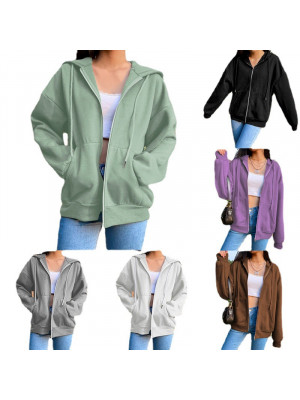 Womens Casual T Shirt Loose Hooded jacket Blouse Long Sleeve Ladies Zipper Tops