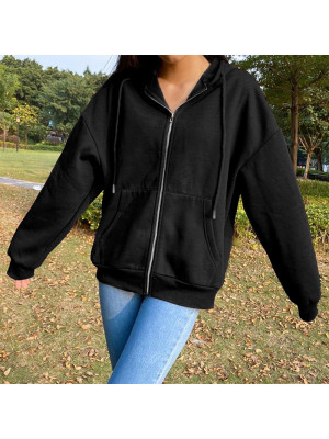 Womens Casual T Shirt Loose Hooded jacket Blouse Long Sleeve Ladies Zipper Tops