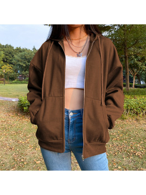 Womens Casual T Shirt Loose Hooded jacket Blouse Long Sleeve Ladies Zipper Tops