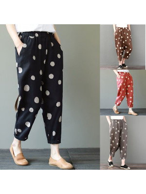 Womens Long Harem Pants Causal Boho Loose Elastic Waist Polka Dot Print Trousers