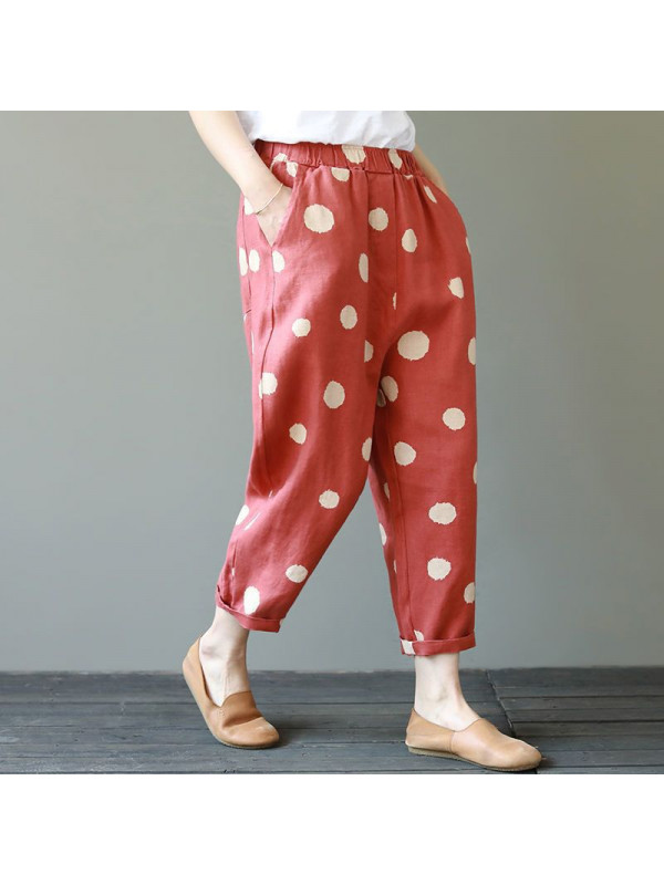 Womens Long Harem Pants Causal Boho Loose Elastic Waist Polka Dot Print Trousers