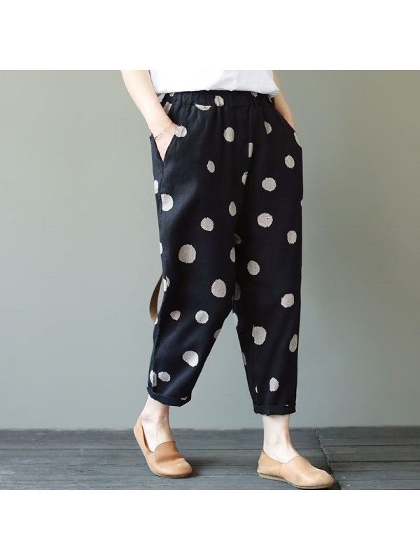 Womens Long Harem Pants Causal Boho Loose Elastic Waist Polka Dot Print Trousers