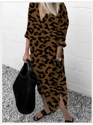 Womens Leopard V Neck Maxi Long Dress Ladies Holiday Summer Casual Sundress