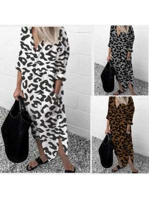 Womens Leopard V Neck Maxi Long Dress Ladies Holiday Summer Casual Sundress