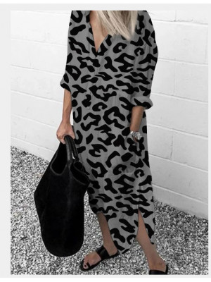 Womens Leopard V Neck Maxi Long Dress Ladies Holiday Summer Casual Sundress