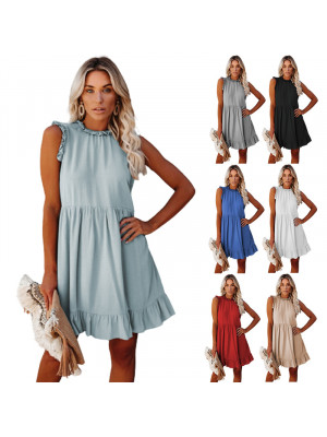 Womens Ruffle Frill Smock Dress Round Neck Sundress Summer Casual Mini Dresses