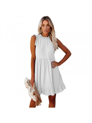 Womens Ruffle Frill Smock Dress Round Neck Sundress Summer Casual Mini Dresses