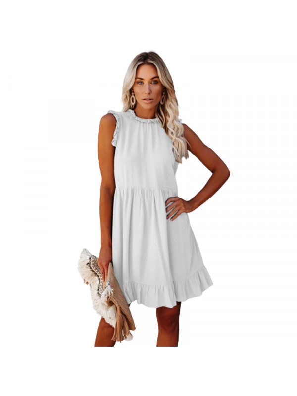 Womens Ruffle Frill Smock Dress Round Neck Sundress Summer Casual Mini Dresses