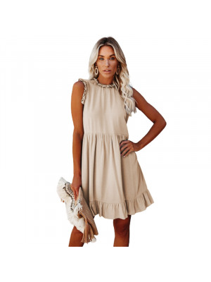 Womens Ruffle Frill Smock Dress Round Neck Sundress Summer Casual Mini Dresses