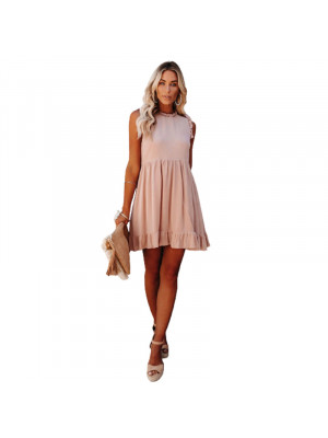 Womens Ruffle Frill Smock Dress Round Neck Sundress Summer Casual Mini Dresses