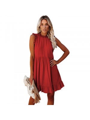 Womens Ruffle Frill Smock Dress Round Neck Sundress Summer Casual Mini Dresses