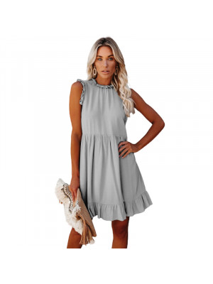 Womens Ruffle Frill Smock Dress Round Neck Sundress Summer Casual Mini Dresses