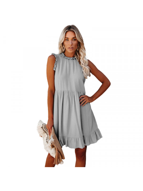 Womens Ruffle Frill Smock Dress Round Neck Sundress Summer Casual Mini Dresses