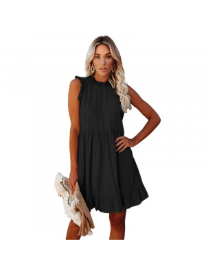 Womens Ruffle Frill Smock Dress Round Neck Sundress Summer Casual Mini Dresses