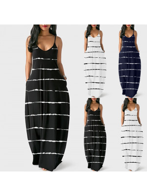 Womens Boho Stripe printing Cami Sundress Ladies Summer V Neck Beach Maxi Dress