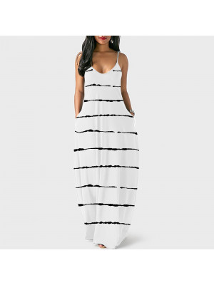 Womens Boho Stripe printing Cami Sundress Ladies Summer V Neck Beach Maxi Dress