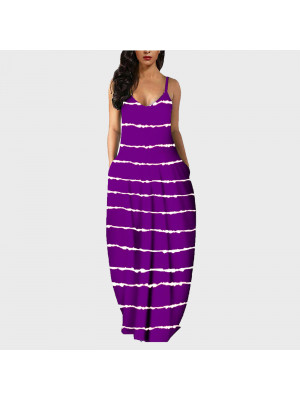 Womens Boho Stripe printing Cami Sundress Ladies Summer V Neck Beach Maxi Dress