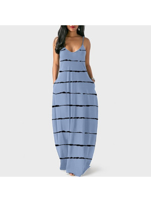 Womens Boho Stripe printing Cami Sundress Ladies Summer V Neck Beach Maxi Dress