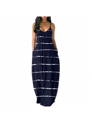 Womens Boho Stripe printing Cami Sundress Ladies Summer V Neck Beach Maxi Dress